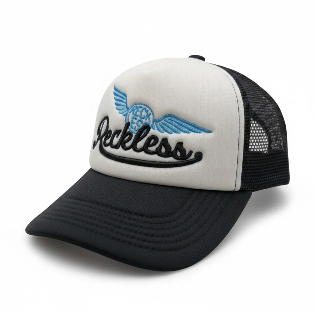 Young & Reckless Trucker Hat Black White Blue Winged Logo Snapback Mesh Cap